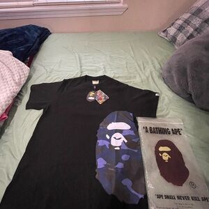 Bape Black Tee with Blue Camo Ape Head